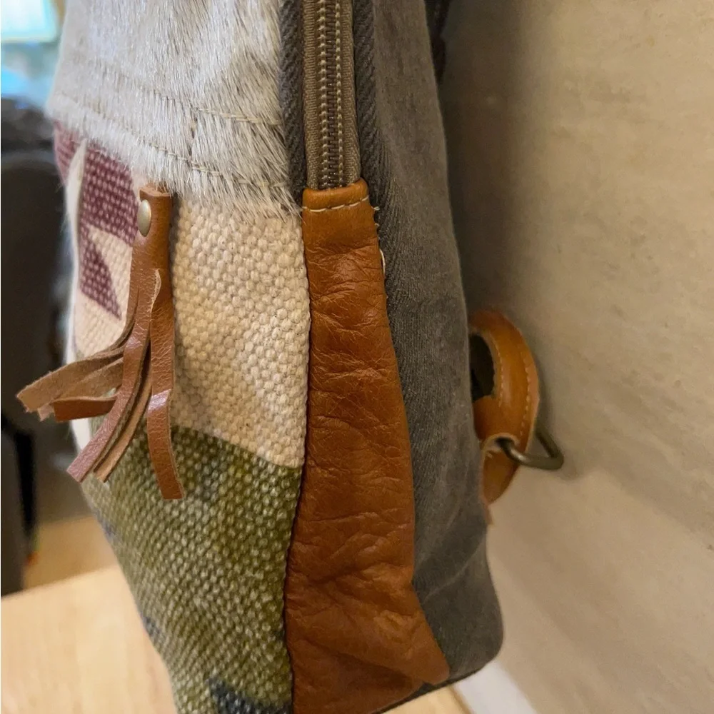 NWT- Myra Bag Hair-On Cowhide 100% Leather BoHo Star Canvas Backpack